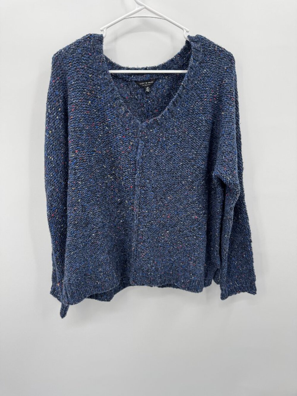 Lucky Brand Wool Blend Speckled Confetti Knit V-Neck Sweater Blue Large